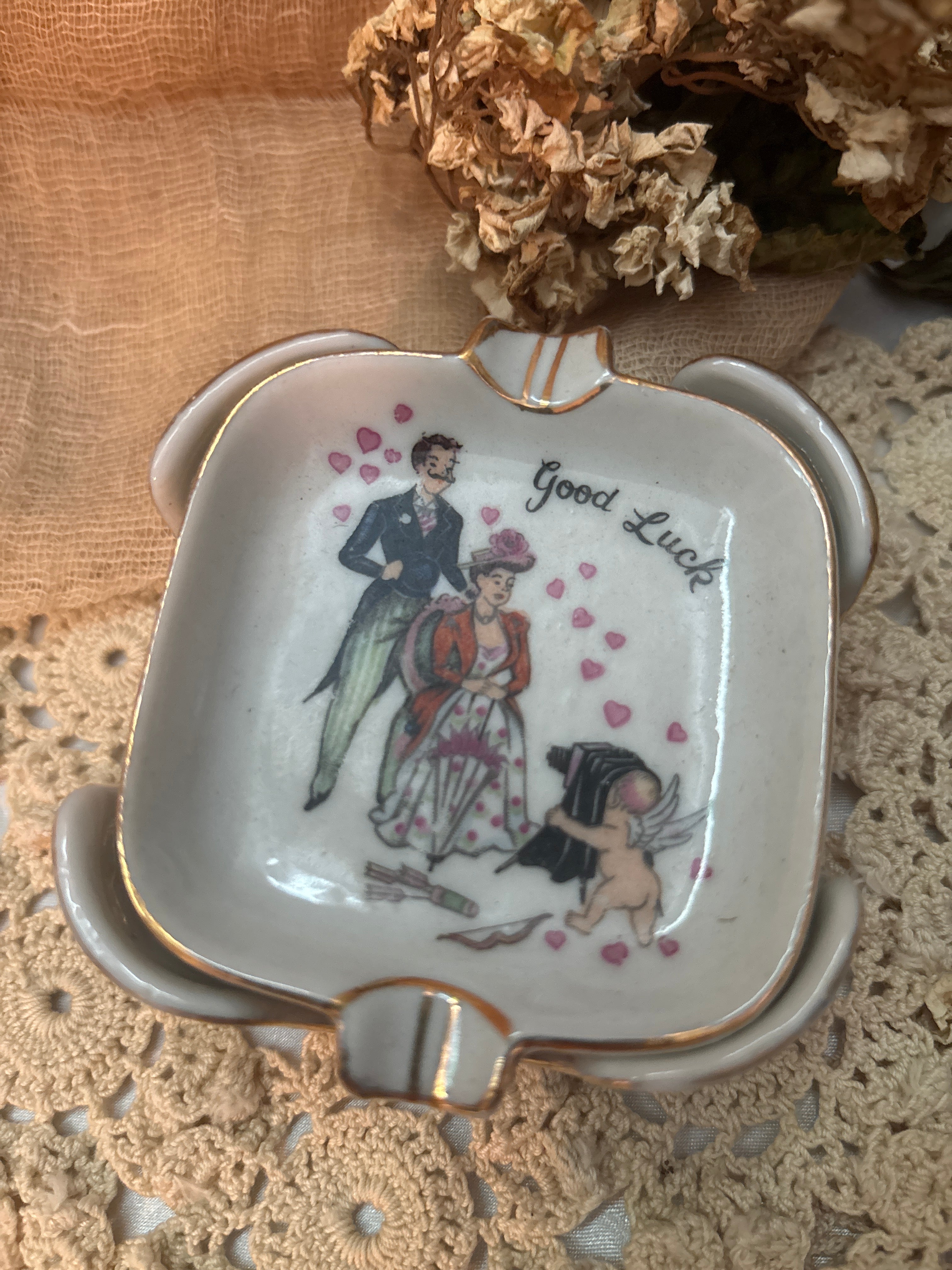 Vintage Square Porcelain Ashtrays  5 pcs Victorian
