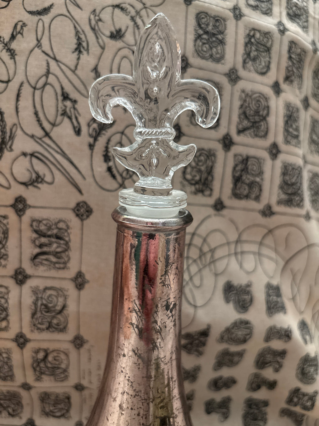 French Fleur De Lis Stoppers  Mercury Ribbed Glass Bottle