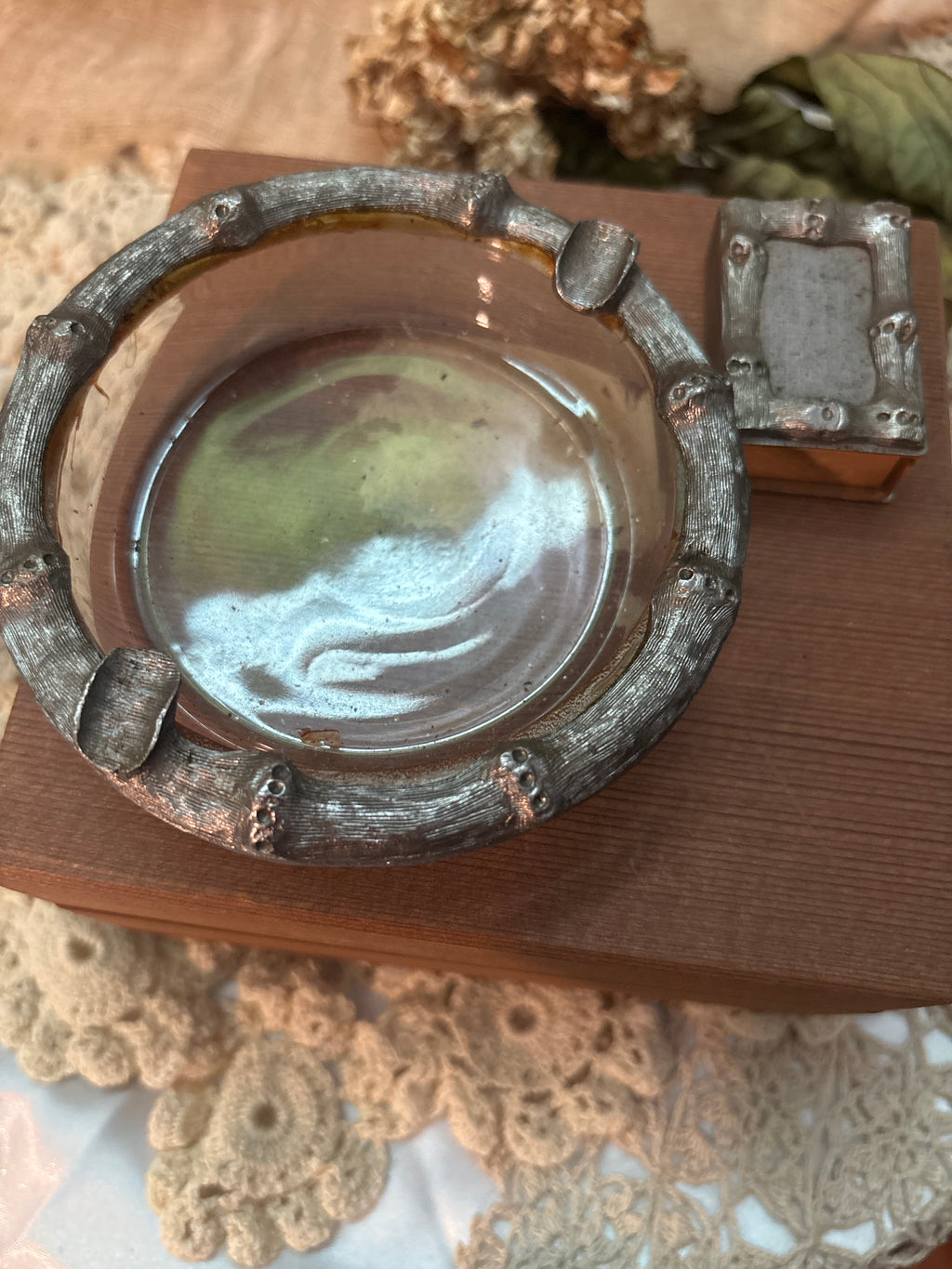 Vintage Faux Bamboo Ash Tray and Mini Matchbox original box