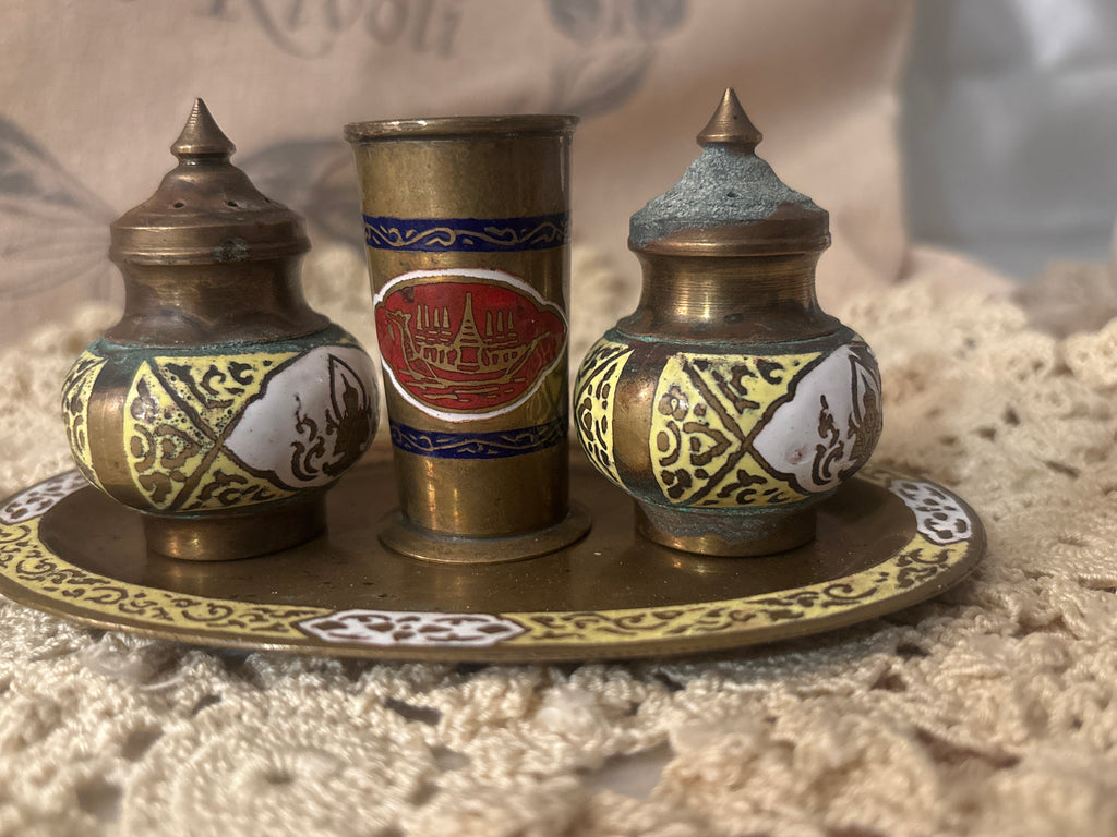 Vintage Enameled Brass Salt & Pepper Set