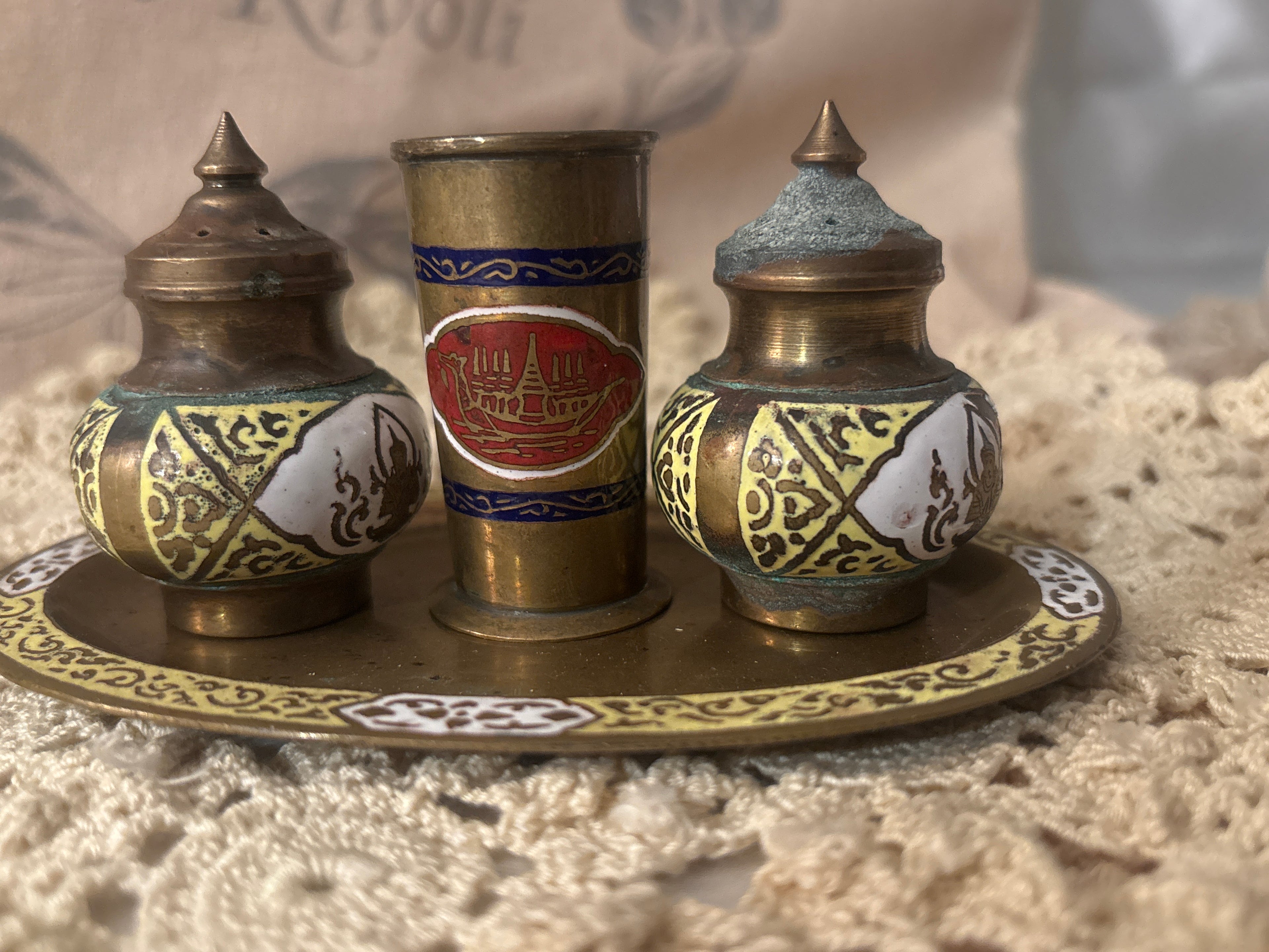 Vintage Enameled Brass Salt & Pepper Set