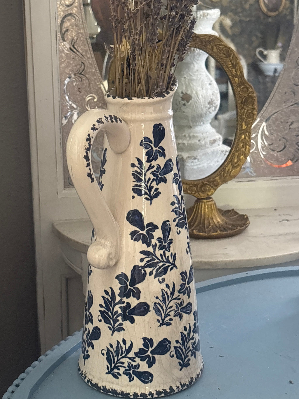Blue Floral Pitcher Vase