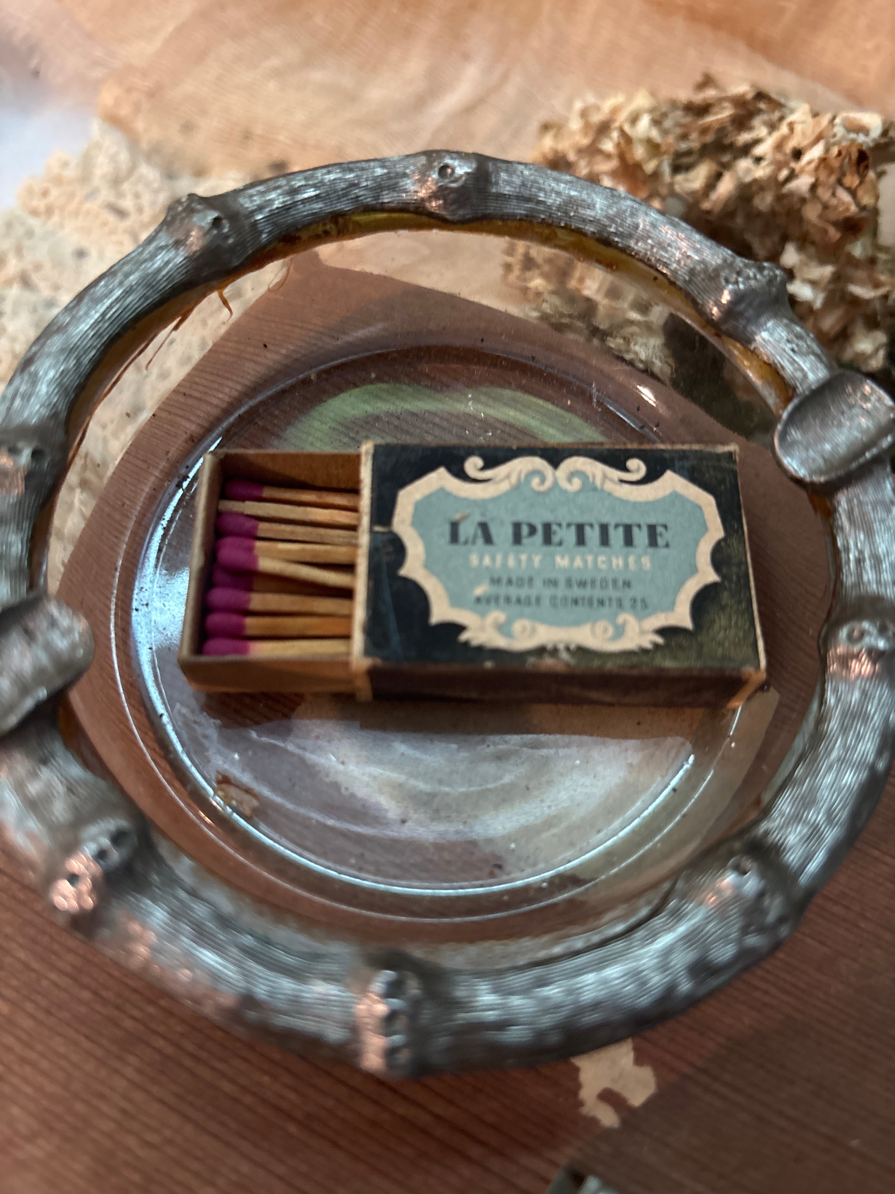 Vintage Faux Bamboo Ash Tray and Mini Matchbox original box