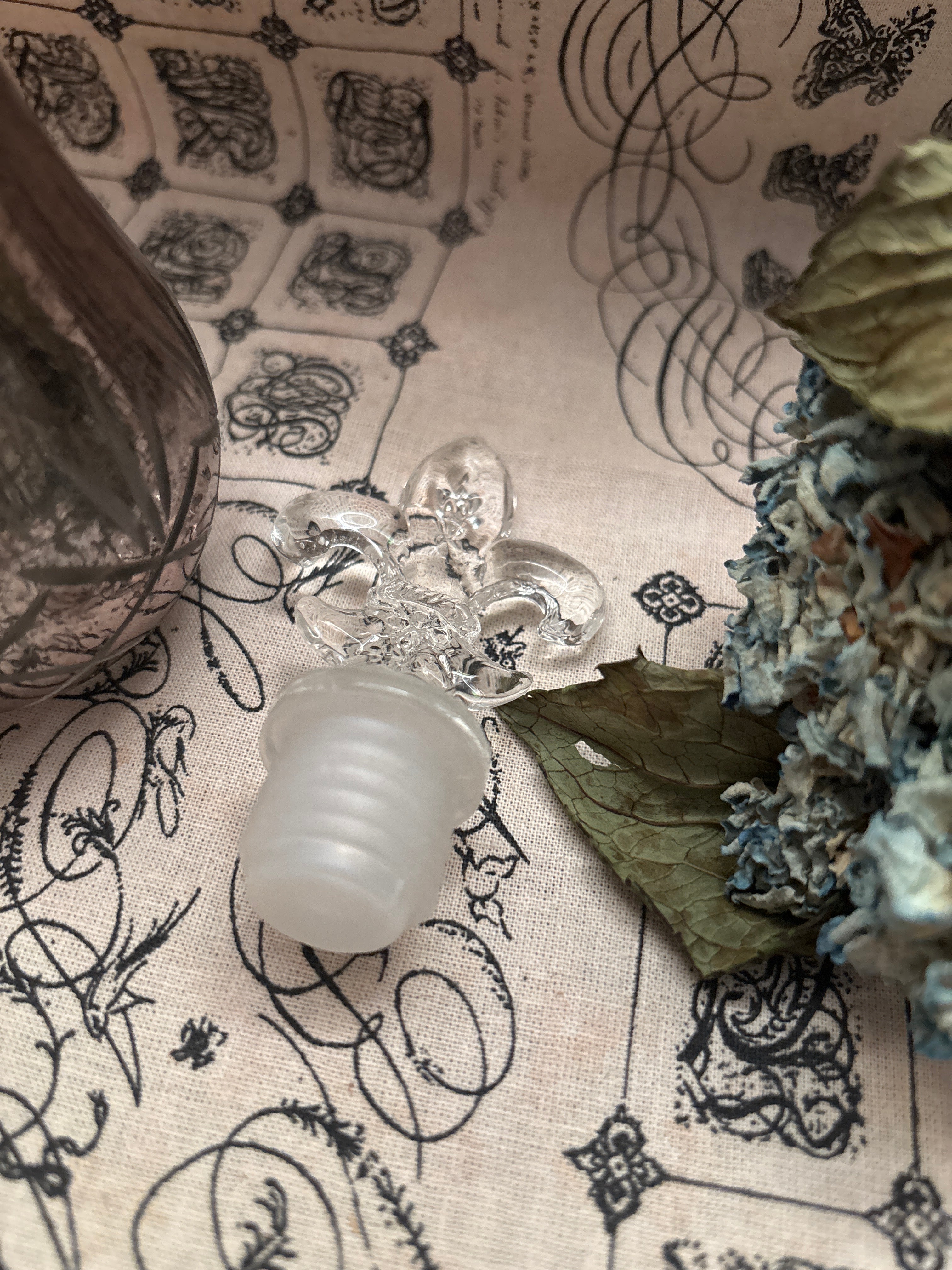 French Fleur De Lis Stoppers  Mercury Ribbed Glass Bottle
