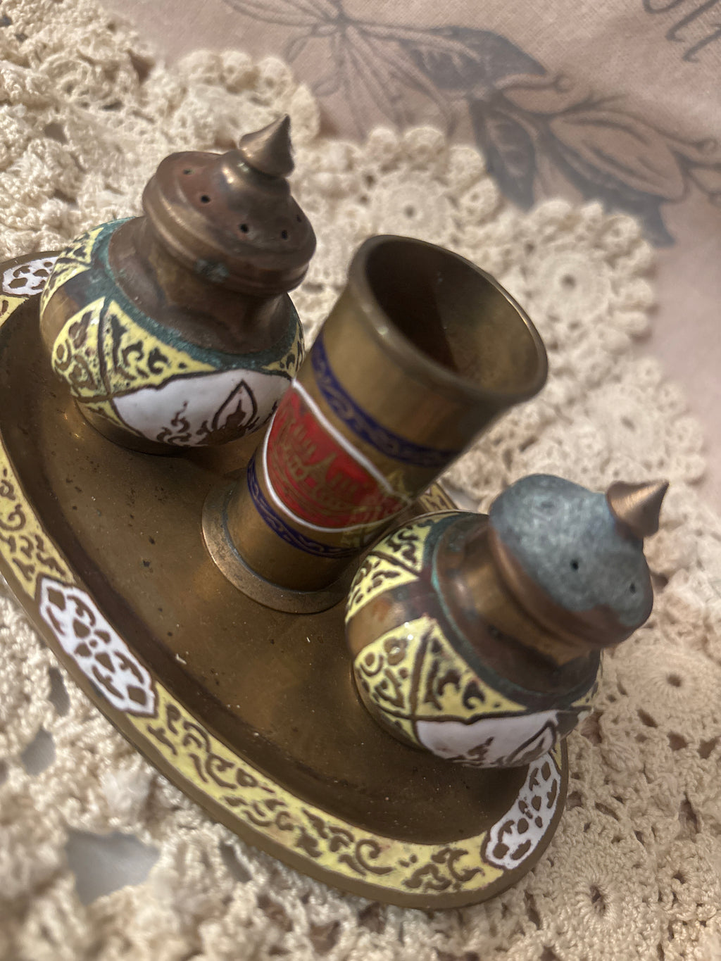 Vintage Enameled Brass Salt & Pepper Set