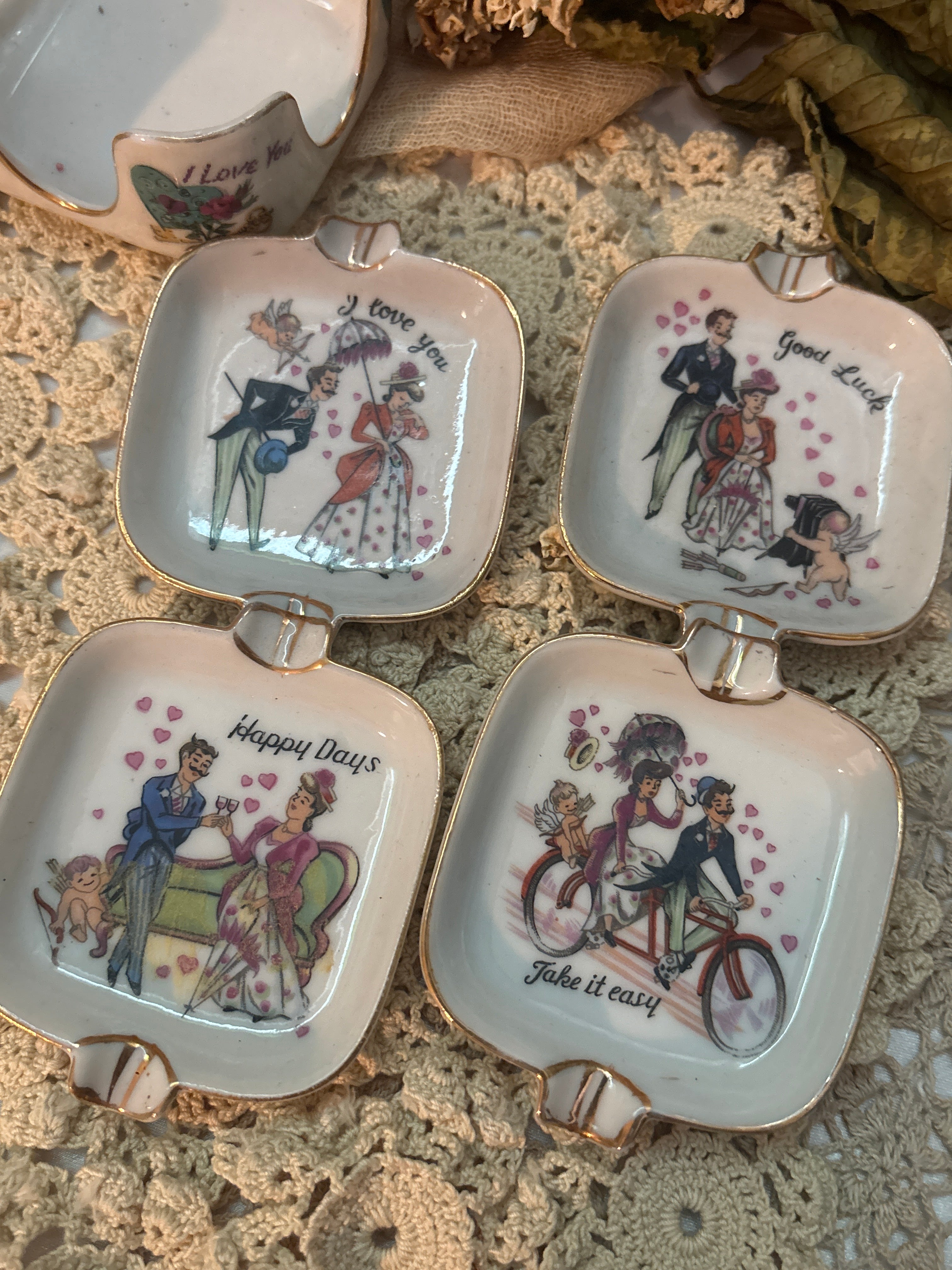 Vintage Square Porcelain Ashtrays  5 pcs Victorian