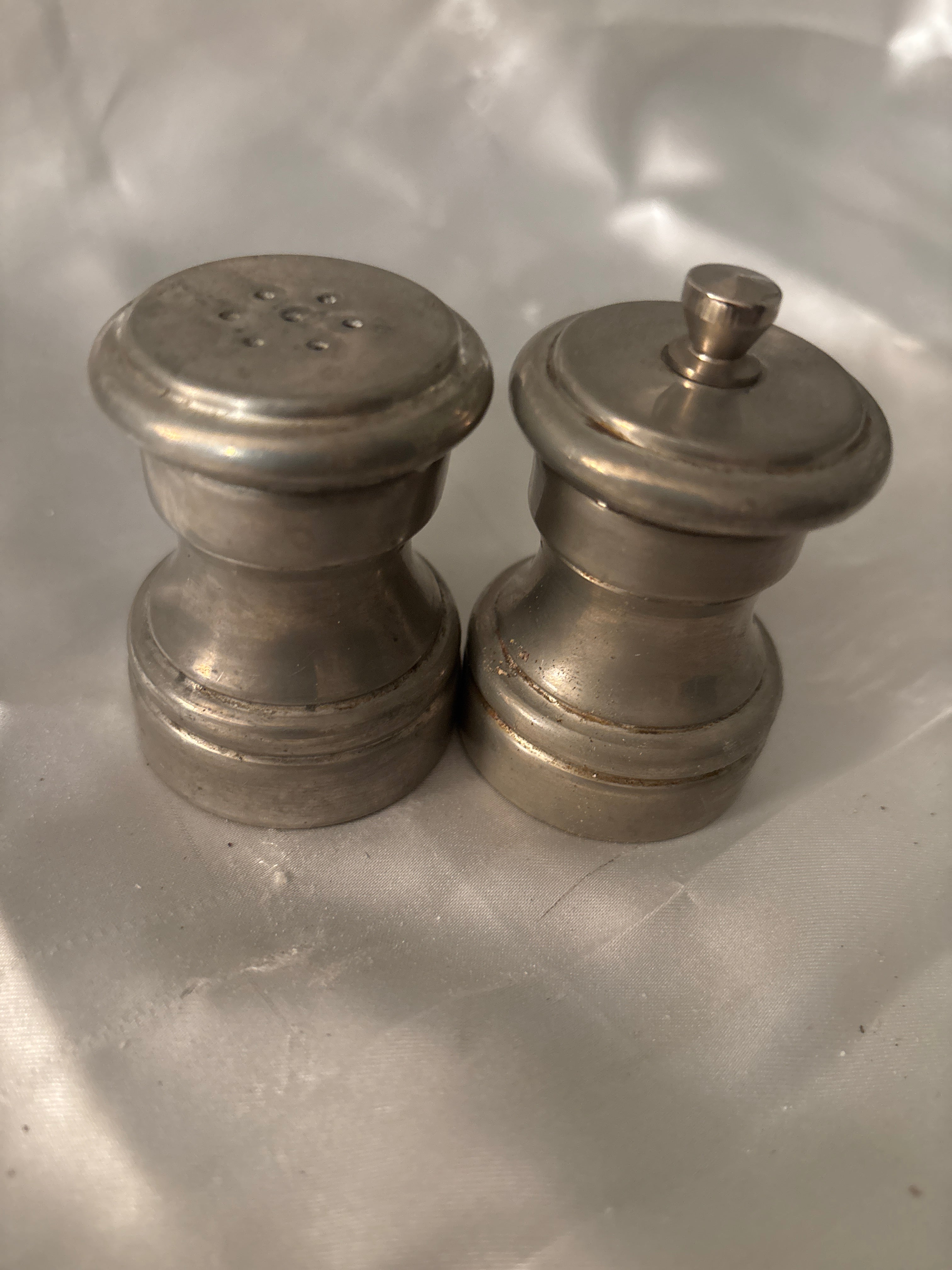 Vintage Pewter Salt Shaker & Pepper Mill Grinder Set Manual Adjustable