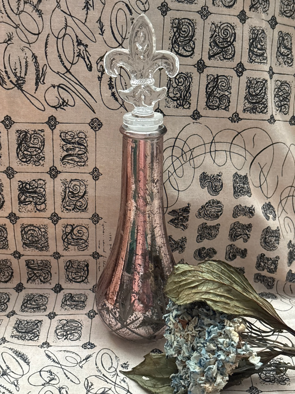French Fleur De Lis Stoppers  Mercury Ribbed Glass Bottle