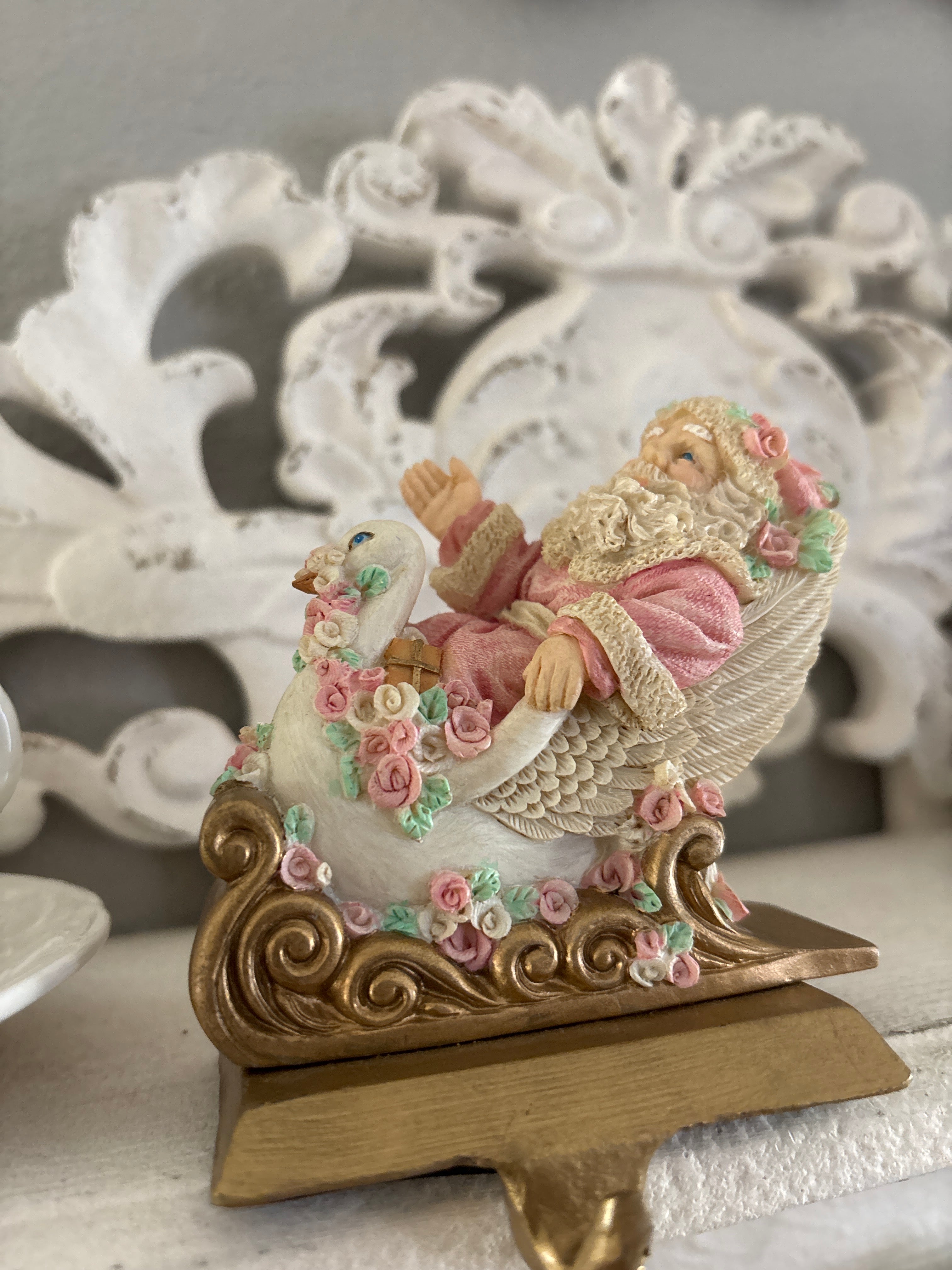 Vintage Santa & swan pink stoking holder hook